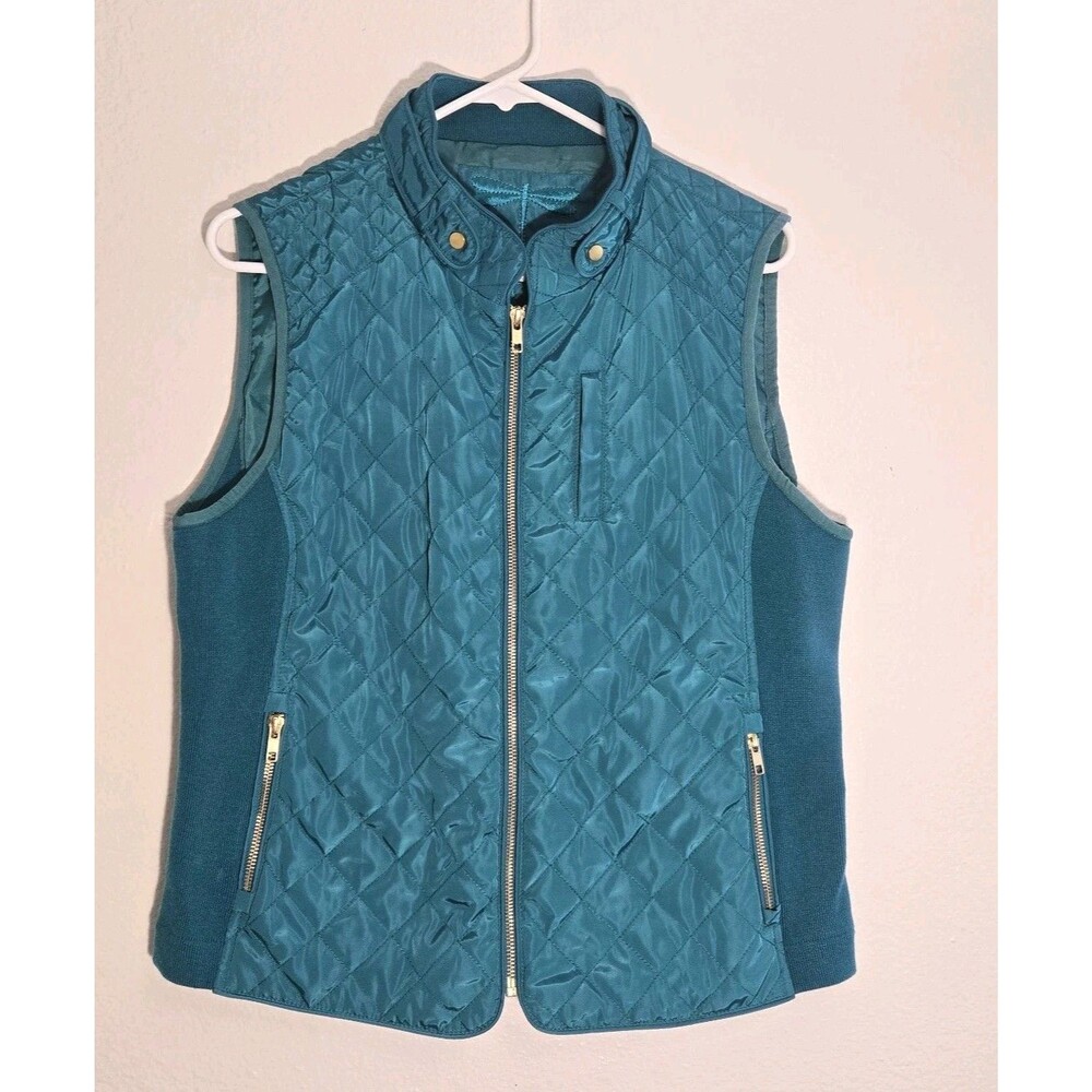 Designer Tyler Boe Vest Quilted Teal Blue Collar Zip Front Pockets Womens Large